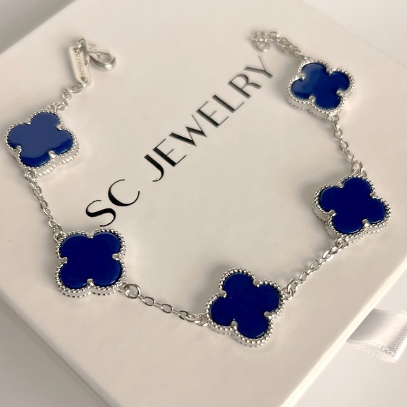 Last 3 🔥 Royal Blue Clover Bracelet Double Sided Silver Color Four Leaf - Picture 3 of 10